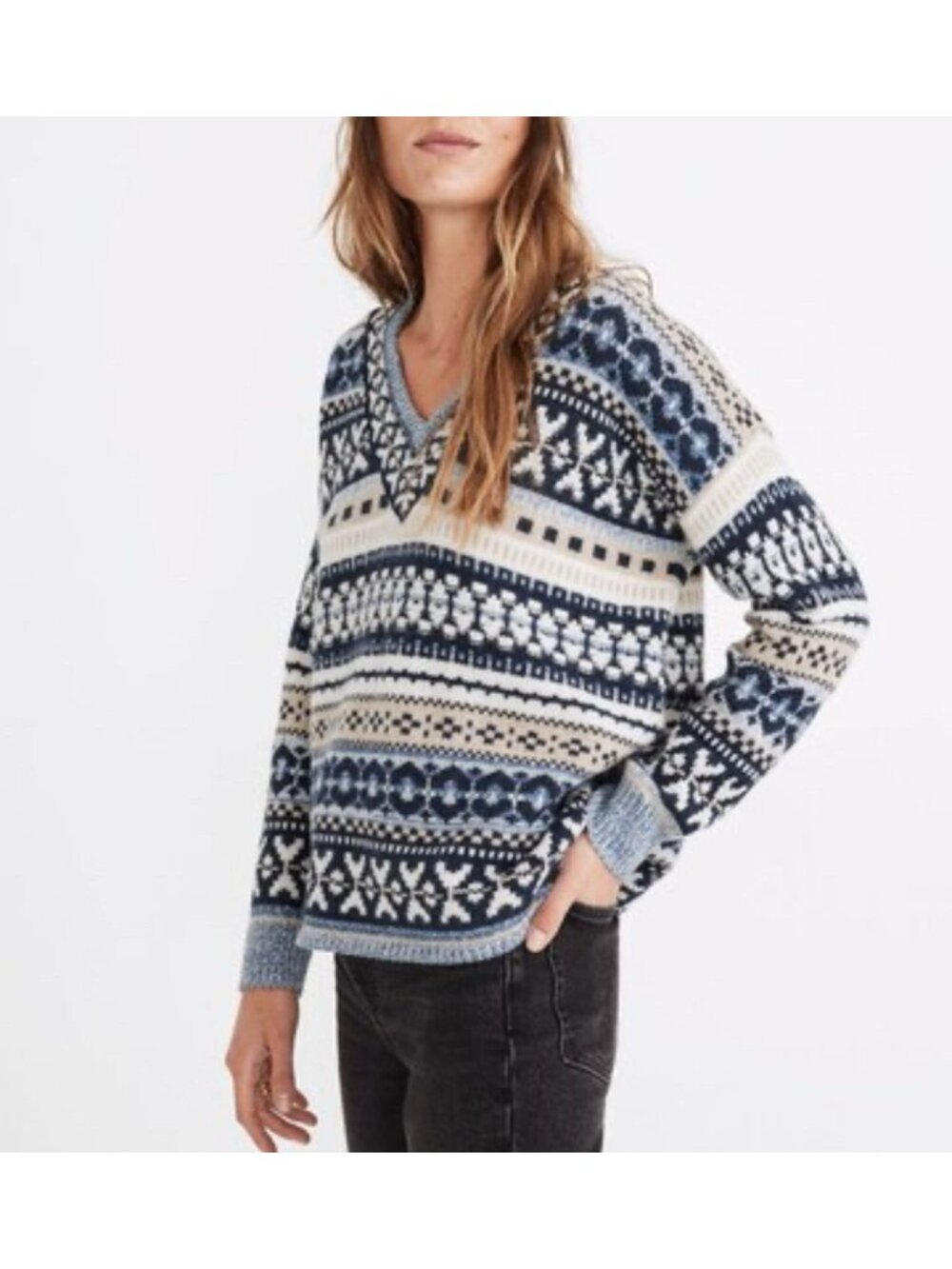 Madewell Fair Isle Wool Blend V-Neck Pullover Sweater Womens XXS Blue Cream